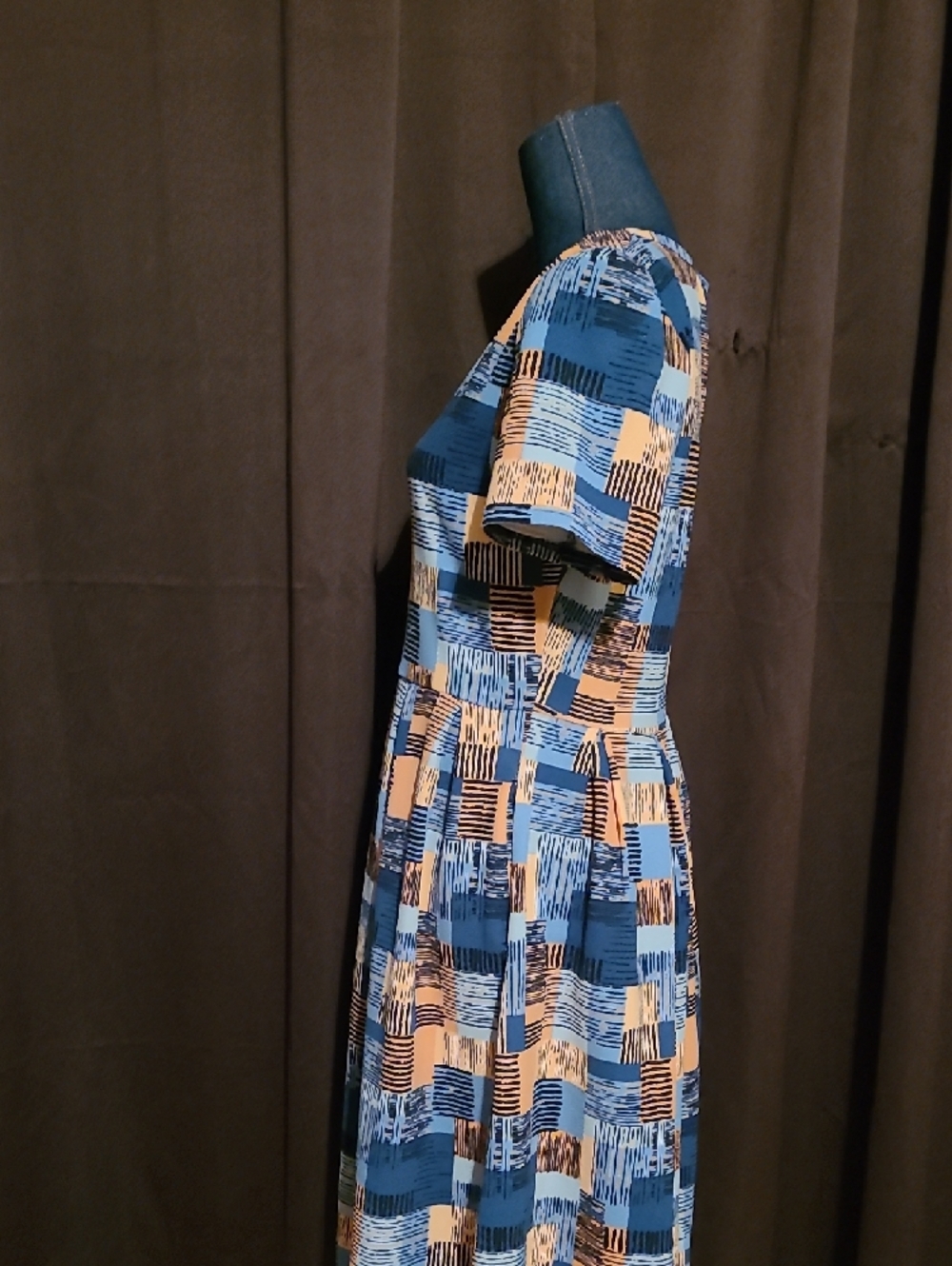 LuLaRoe Blue and Tan Geometric Midi Dress Melanie - Picture 2 of 4